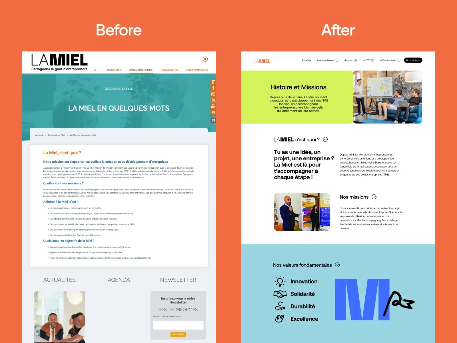 Avant après de la page a propos du site de LaMiel