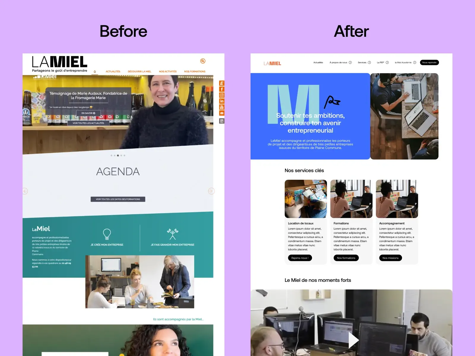 avant après de la page d'accueil du site de LaMiel