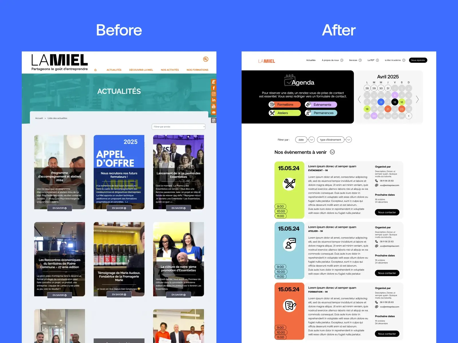 Avant après de la page agenda du site de LaMiel