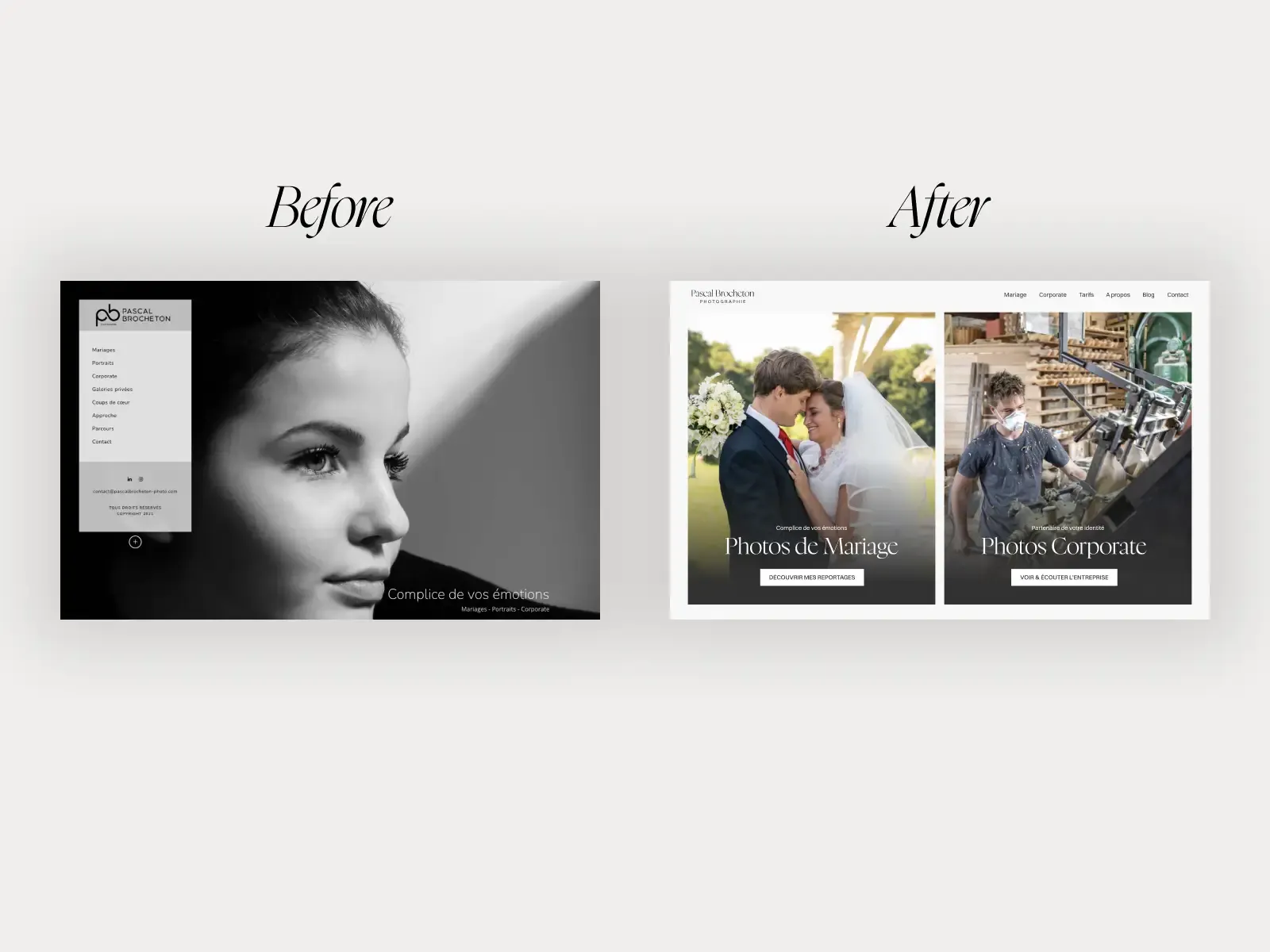 avant après de la page d'accueil du site de pascal brocheton photographe