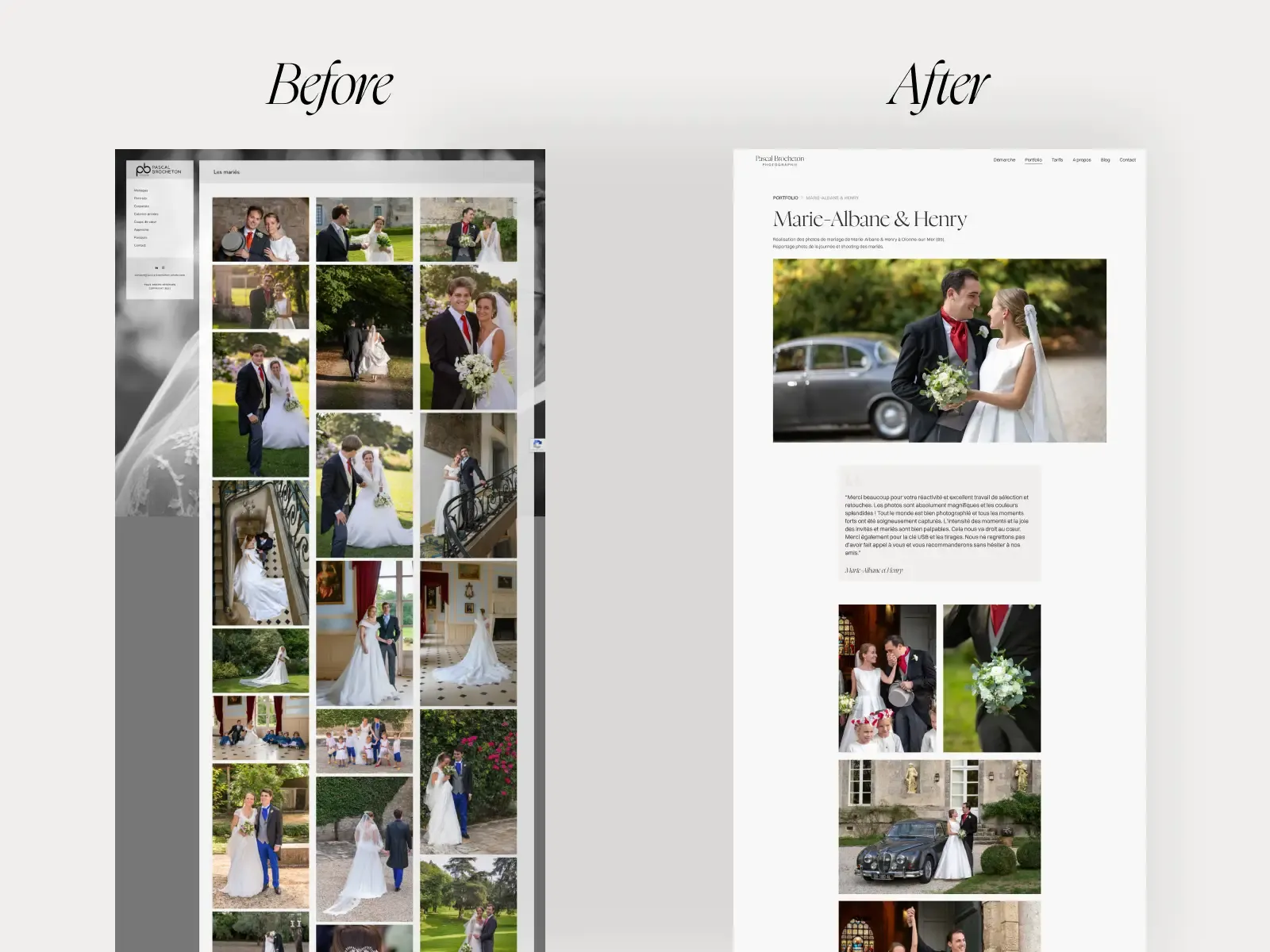 avant après de la page portfolio du site de pascal brocheton photographe