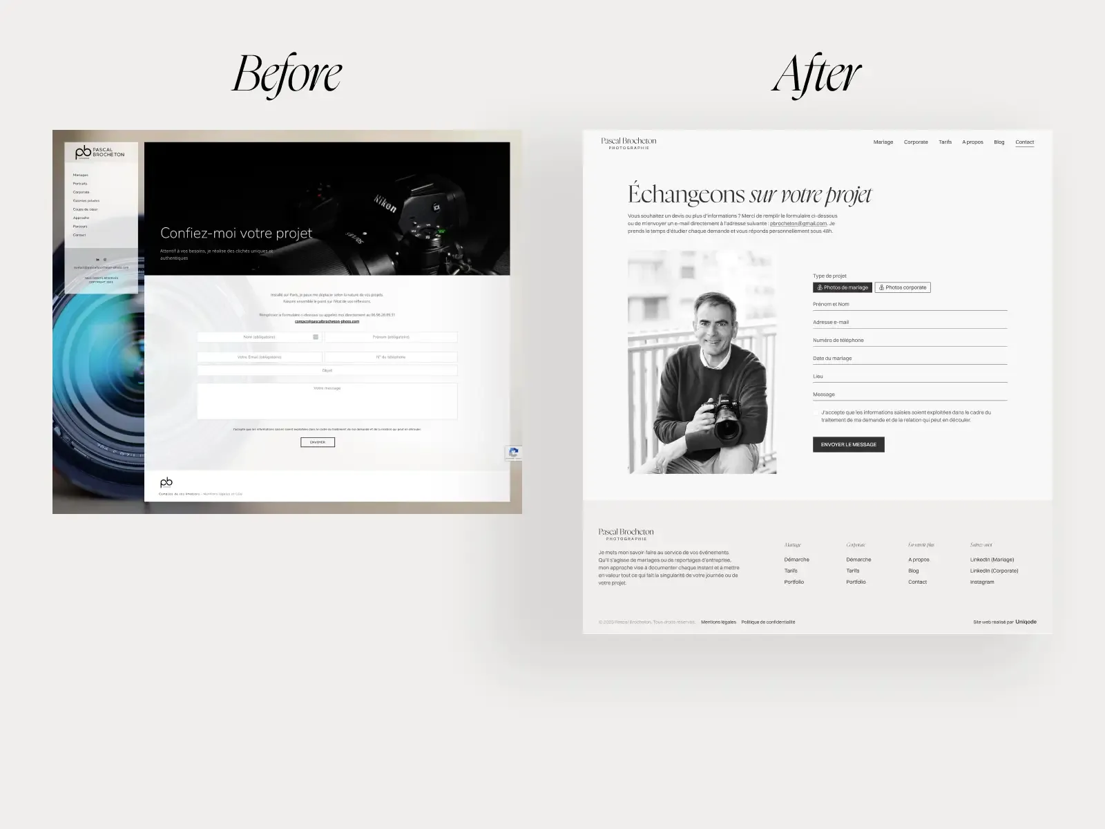 avant après de la page contact du site de pascal brocheton photographe