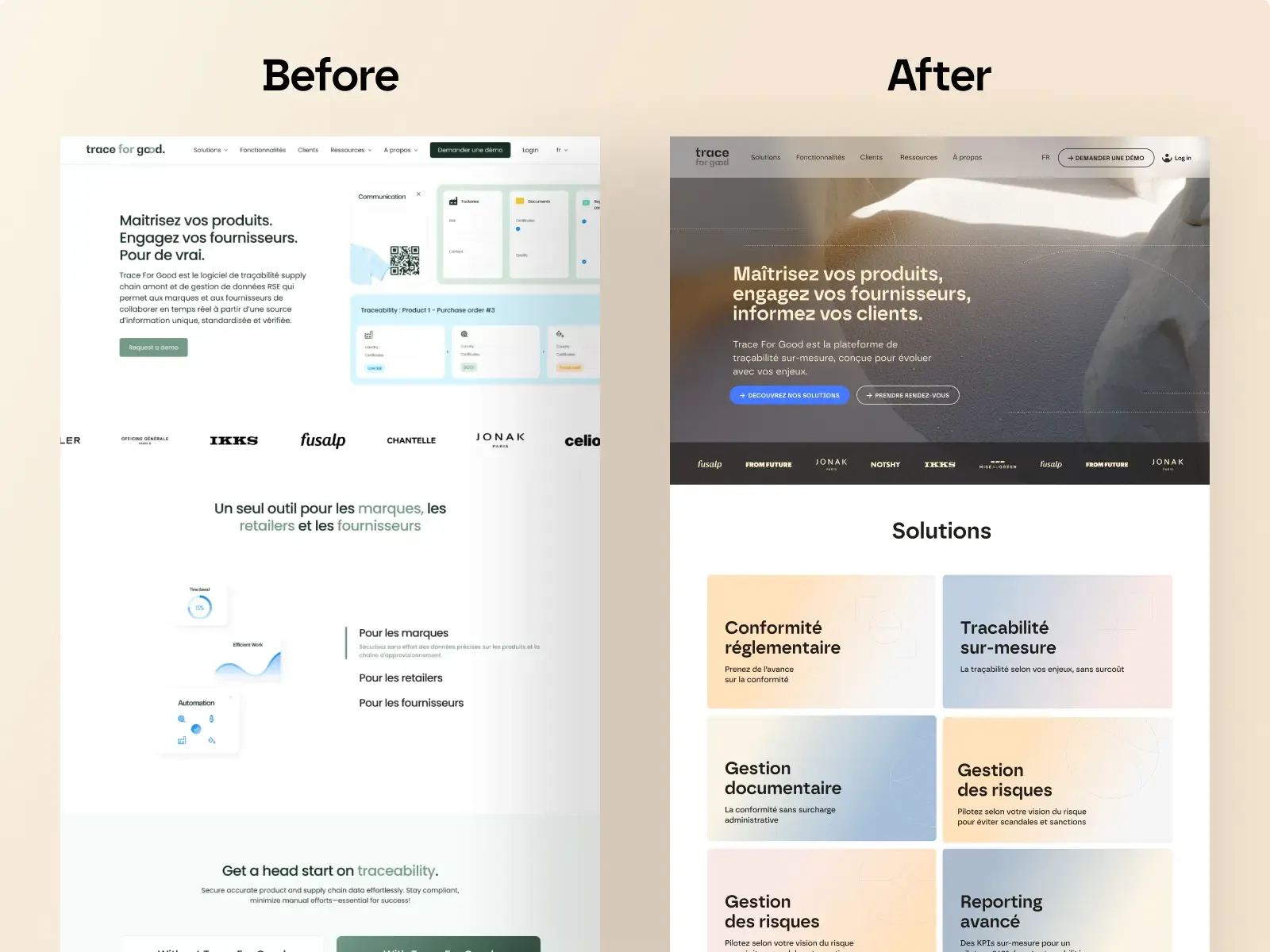 avant après page d'accueil de Trace For Good