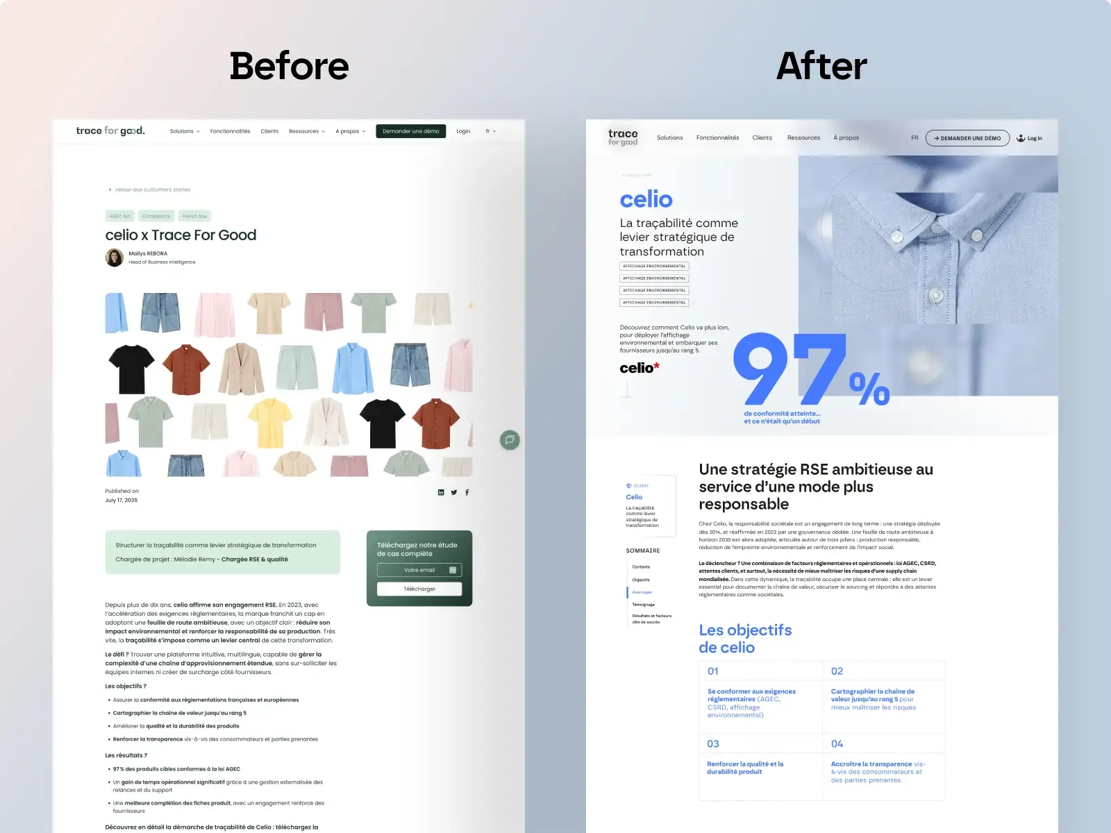 Avant Après page client du site de Trace For Good
