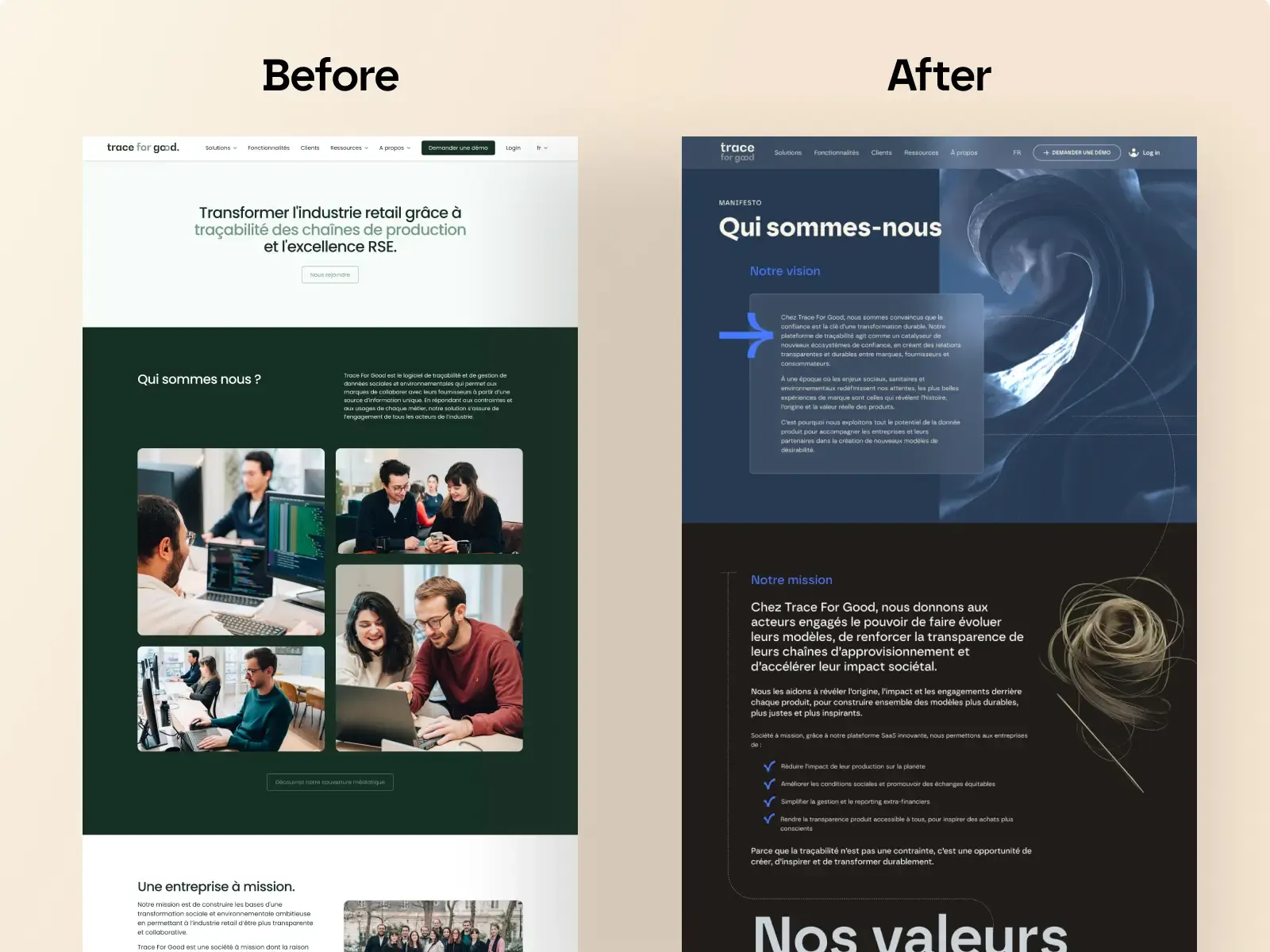 Avant Après de la page a propos du site de Trace For Good