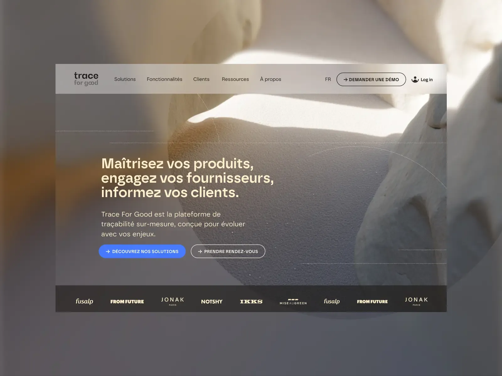 Hero section de la page d'accueil du site de Trace For Good